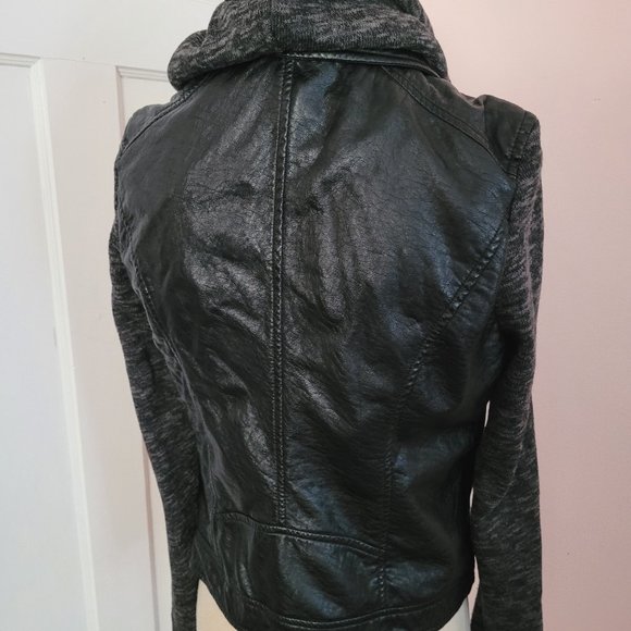 E2 Black Faux Leather Moto Removable Hood Jacket Excellent Size M - Picture 4 of 10